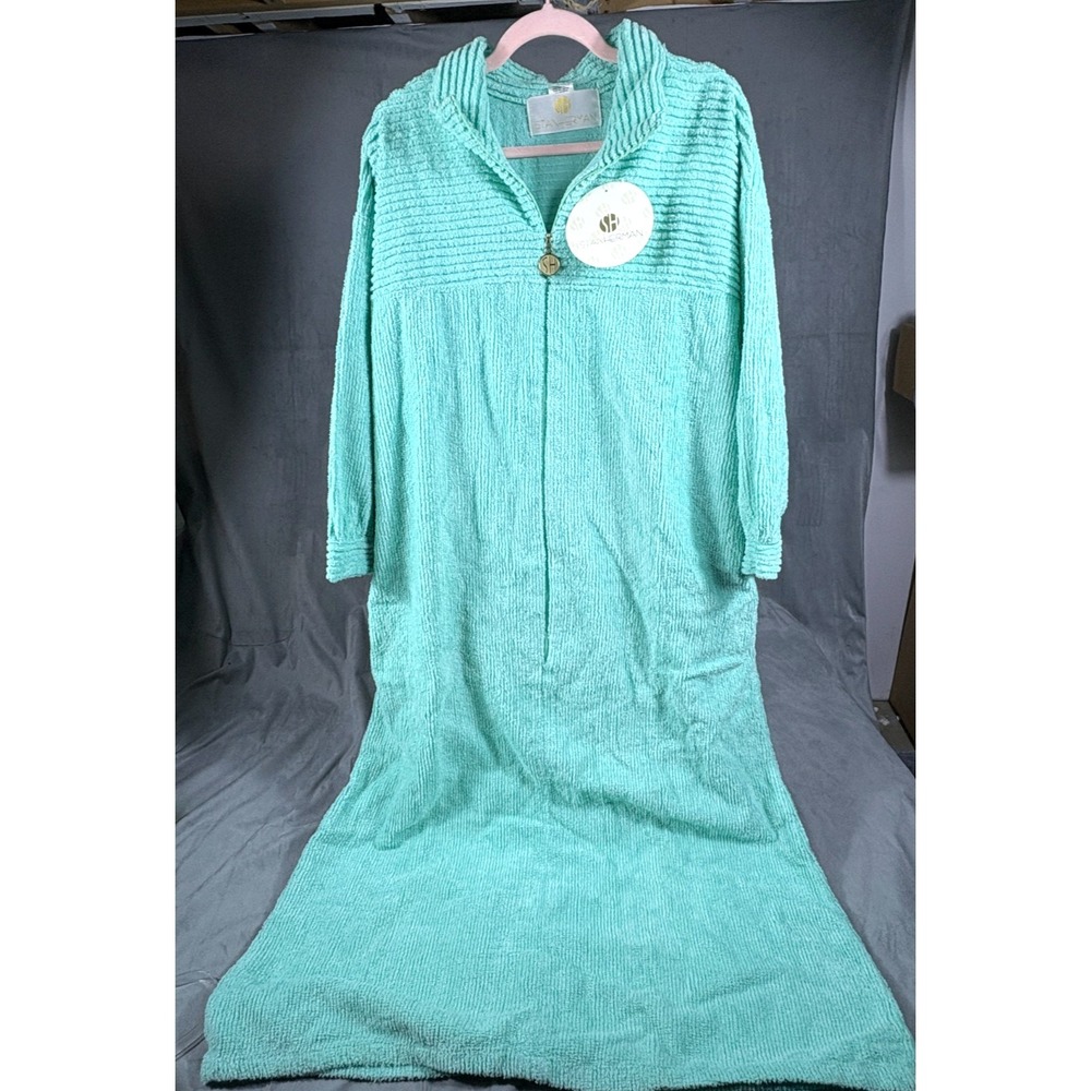 VTG Stan Herman Turquoise Chenille Robe House Coat 1/2 zip Pockets XL P     NWT